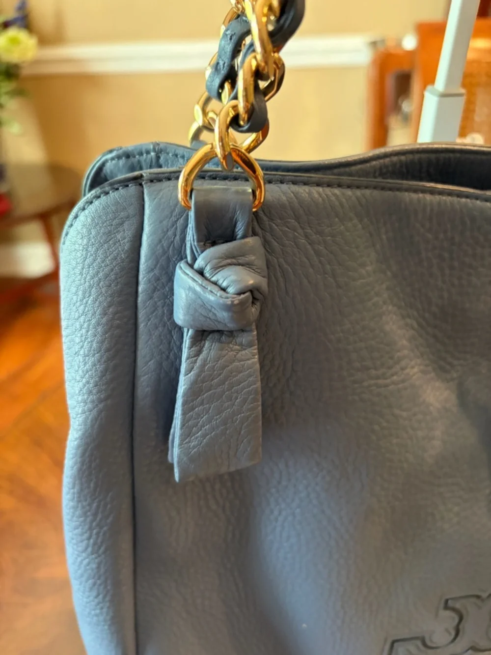 NWOT Tory Burch Harper Pebbled Leather Shoulder Tote w/Chain Straps - Slate Blue - Picture 12 of 14